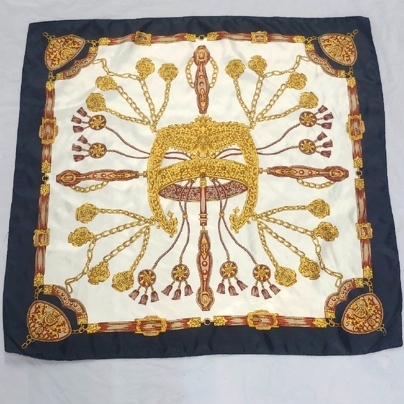 Elegant Gold Black Trim Scarf Featuring Fancy Equestrian Head Dress Square 34" - Picture 1 of 7